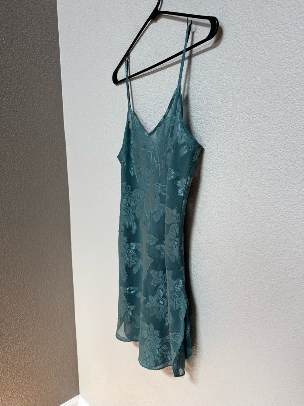 Vintage California Miss V Neck Mini Slip Dress Teal Women’s M Floral Jacquard